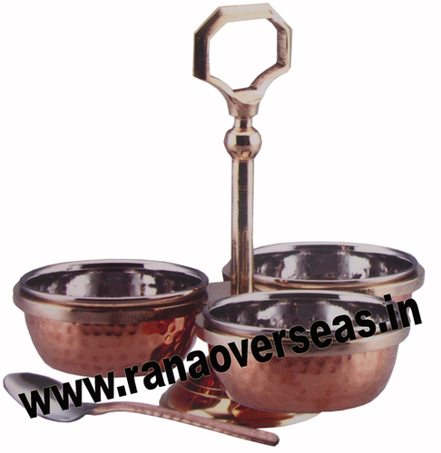 Brass Copper Steel Hammered Pickle Set - Polished Metal Finish, Stylish Indian Design, Elegant Silver and Copper Brown Color