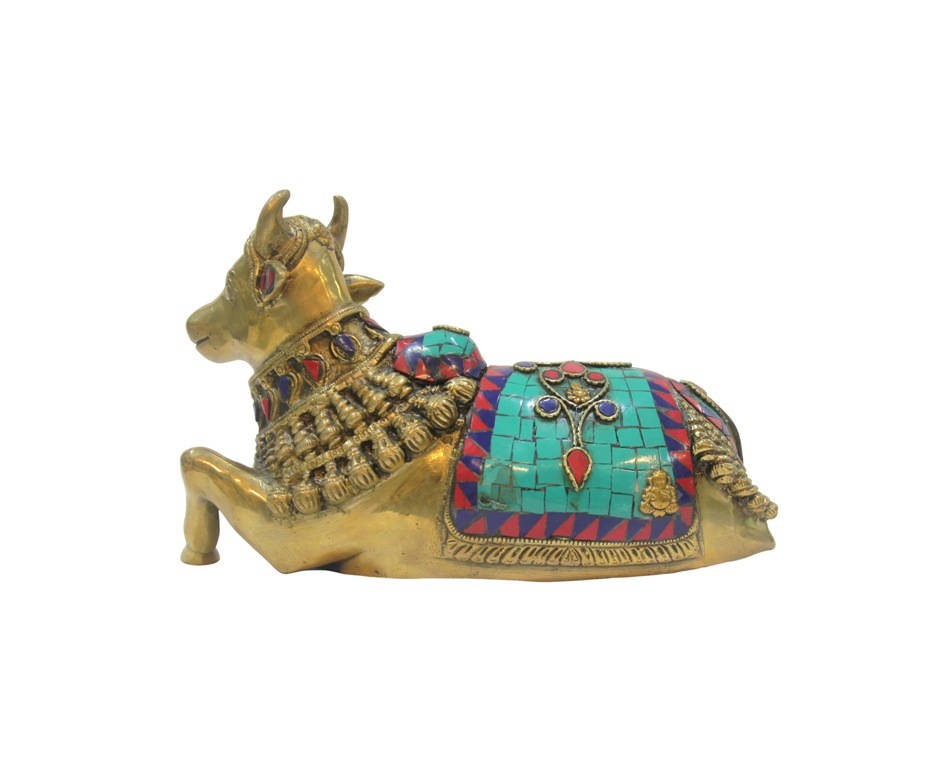 Bronze Nandi With Stone Inlay Work