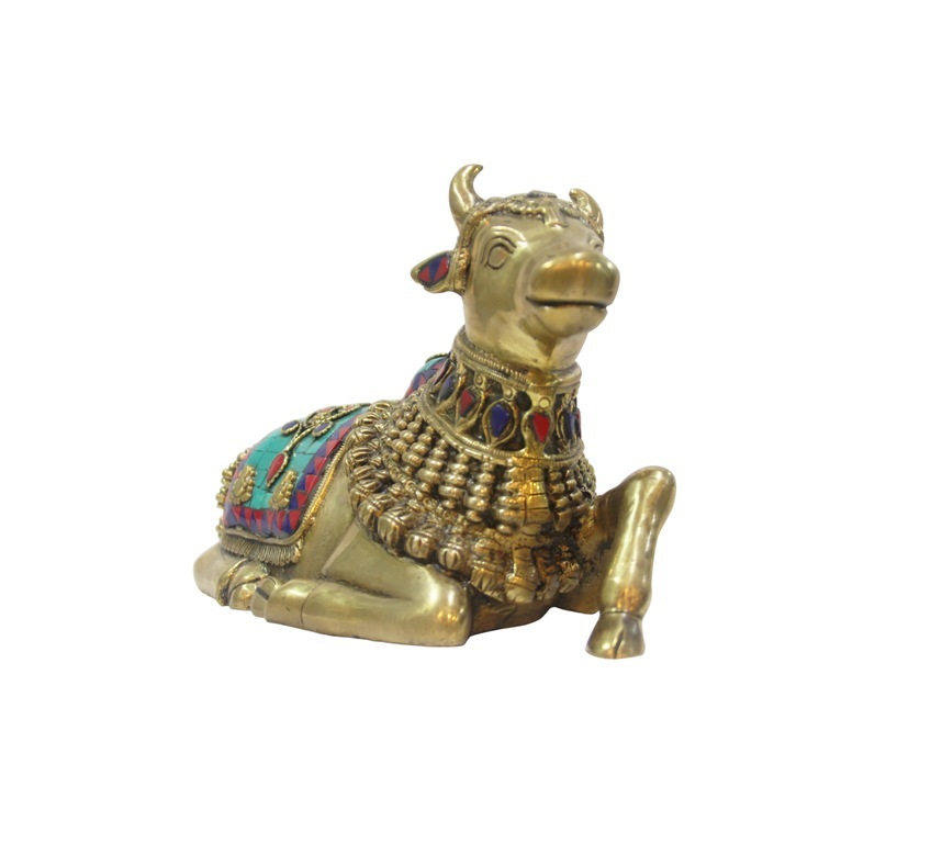 Bronze Nandi With Stone Inlay Work