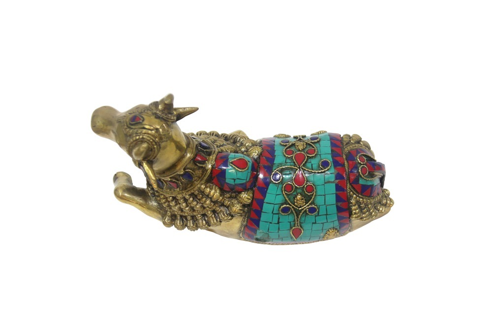 Bronze Nandi With Stone Inlay Work