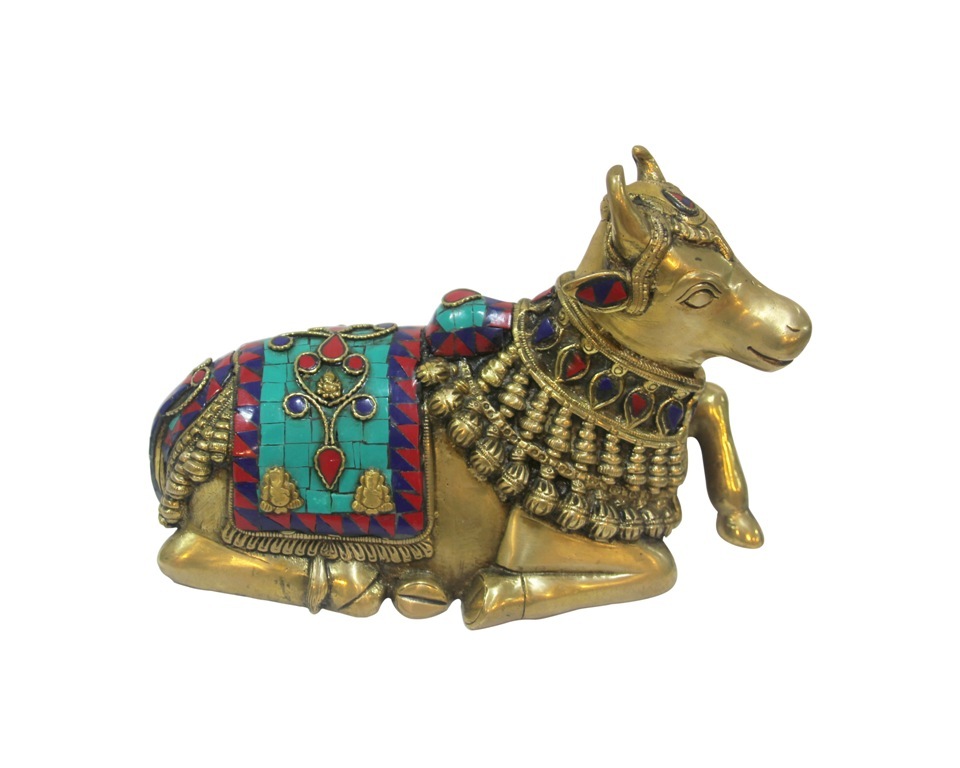 Bronze Nandi With Stone Inlay Work