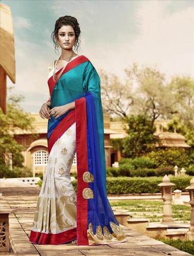Blue And Red Georgette Straight Festival Saree