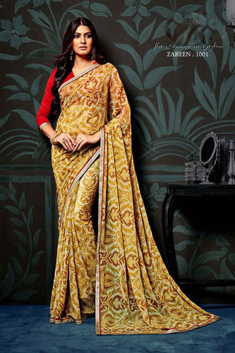 Printed Chiffon Sarees - Chiffon Fabric, Customized Size Up to 42" | Unstitched Banglori Silk Blouse, Elegant Lace Border Work