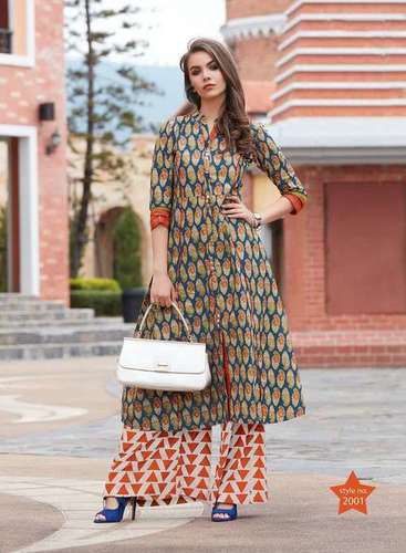 Fashion Studio Vol 2 Kajal Style Cotton Rayon Long Kurtis 2001-2016 - Rayon & Cotton Blend, Sizes M, L, XL, XXL, 3XL, Multicolour Printed, 3/4 Sleeve, Traditional Ethnic Wear