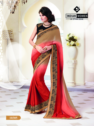 Satin Silk Beige And Red Heavy Border Party Wear Saree