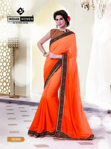 Satin Jacquard Orange Party Wear Designer sarees