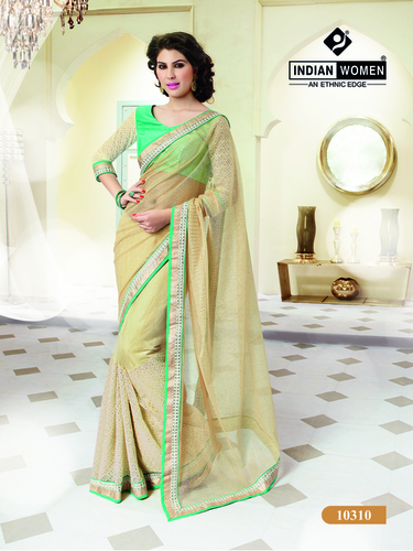 Beige Jute And Net Half And Half Party Wear Saree