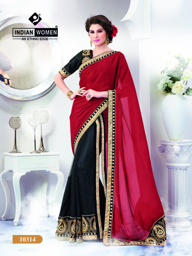 Red And Black Embroidered Lehenga Saree