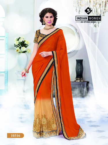 Orange Chiffon Jari And Net Party Wear Indian Sari