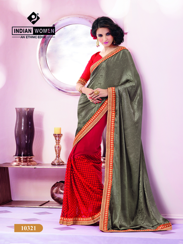 Chikoo Crepe Jacquard Half And Half Sari Design