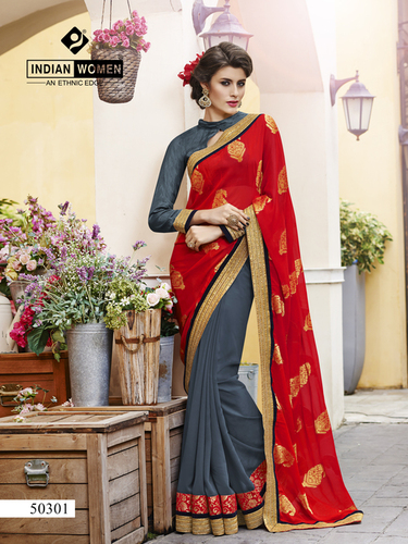 जक्कर और जॉर्जेट लाल और ग्रे पार्टी वियर ऑनलाइन साड़ी