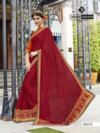 लाल साटन चिफ़न भारी फ़ैंसी bordered लेटेस्ट डिज़ाइनर साड़ियाँ