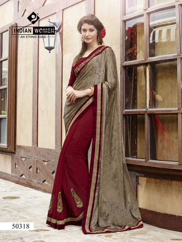 मारून जक्वार्ड और जॉर्जेट कंजिवरम साड़ी