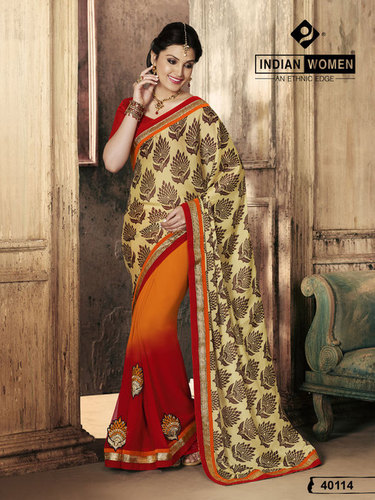 साटन प्रिंट और जॉर्जेट डिज़ाइनर साड़ी