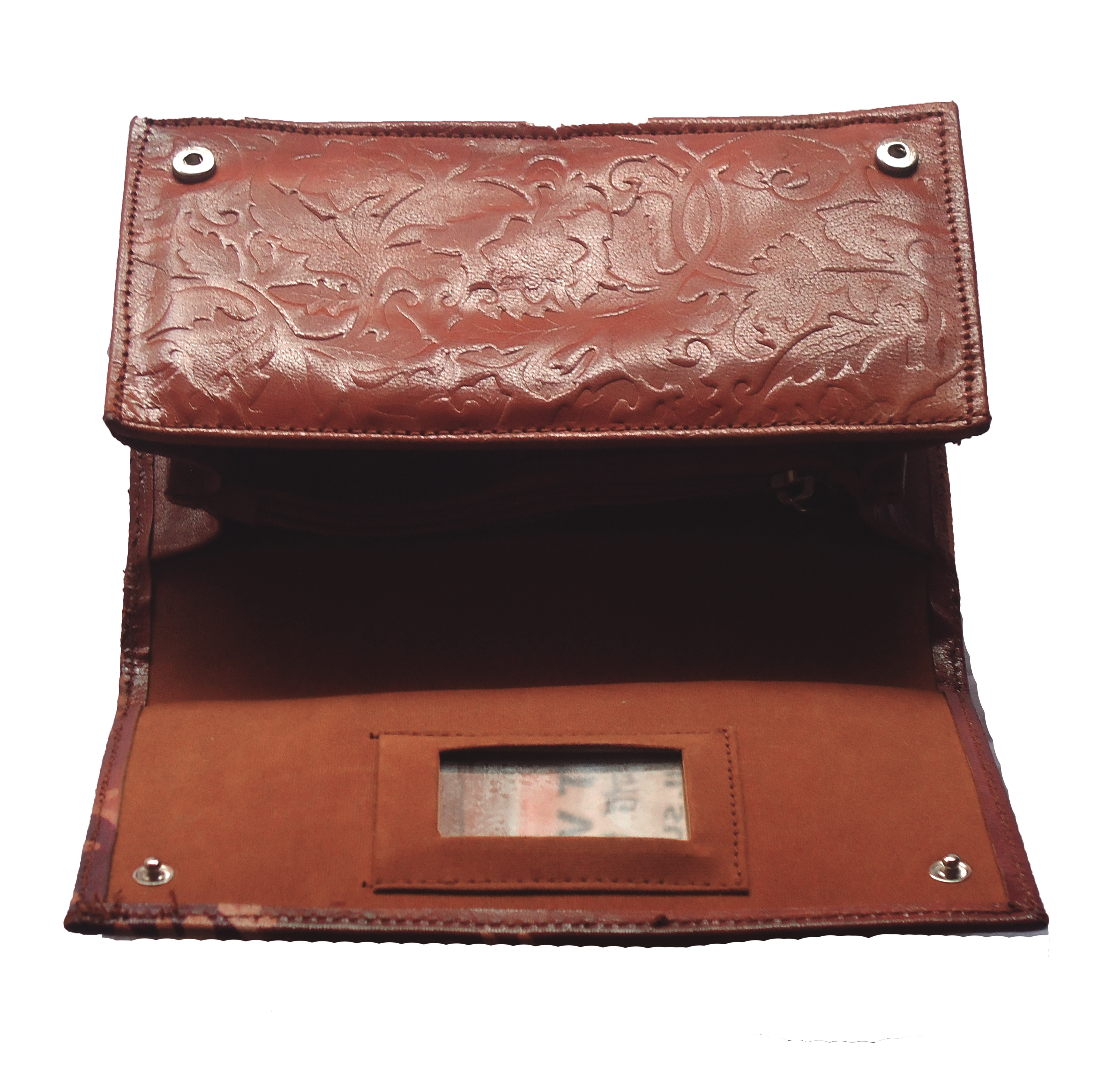 Leather Clutch Bag - Cow Leather, 23.87x24.00x7.00 Cm, Red | 3 Pockets, Kanem Button Closure, Stylish Batik/block Print Design