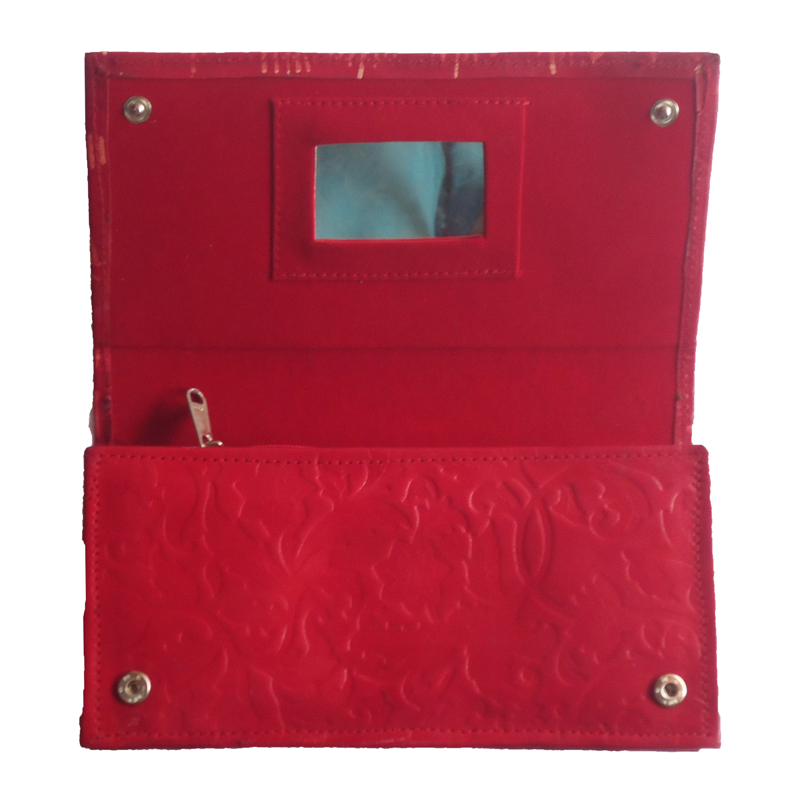 Leather Clutch Bag - Cow Leather, 23.87x24.00x7.00 Cm, Red | 3 Pockets, Kanem Button Closure, Stylish Batik/block Print Design