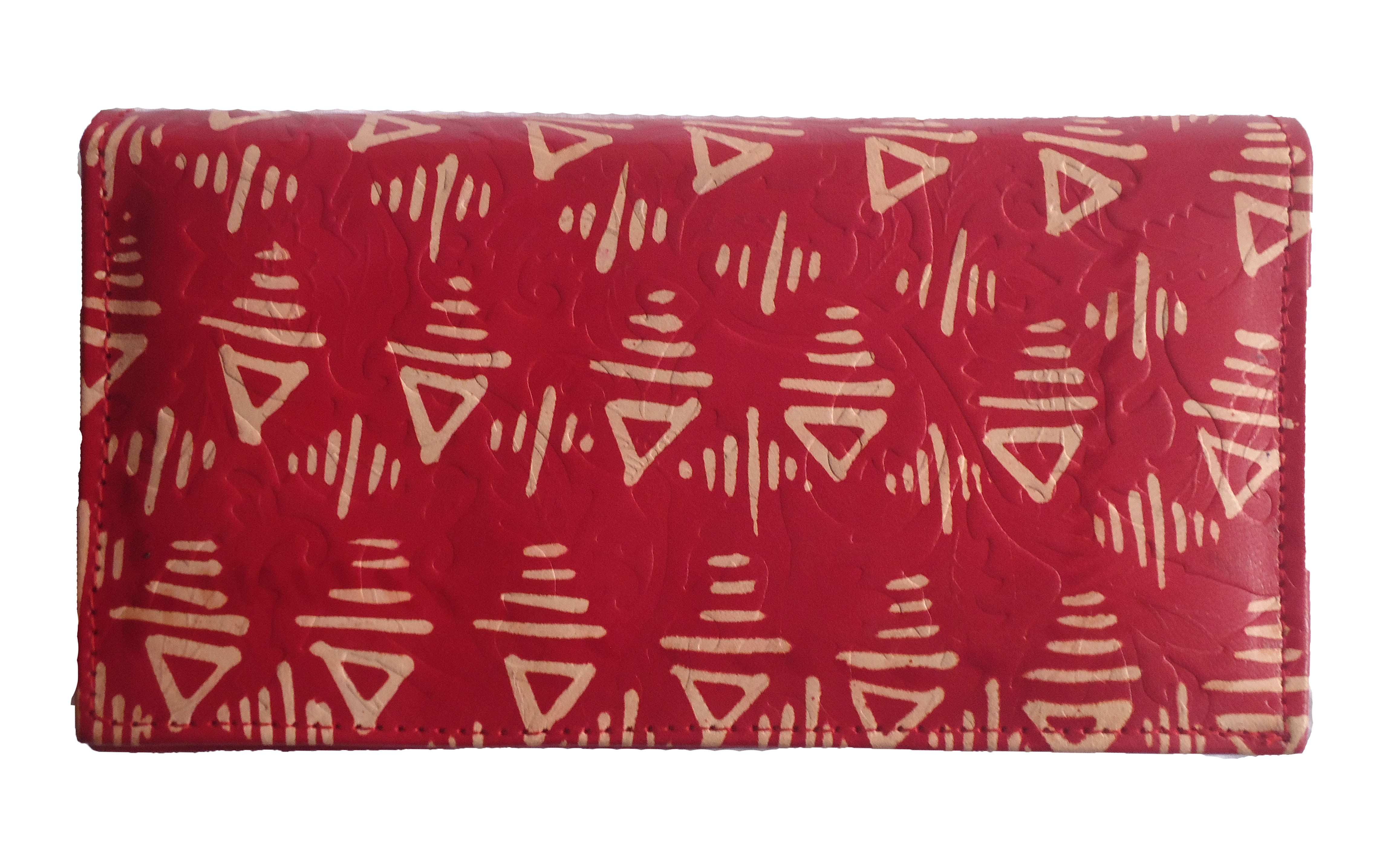 Leather Clutch Bag - Cow Leather, 23.87x24.00x7.00 Cm, Red | 3 Pockets, Kanem Button Closure, Stylish Batik/block Print Design