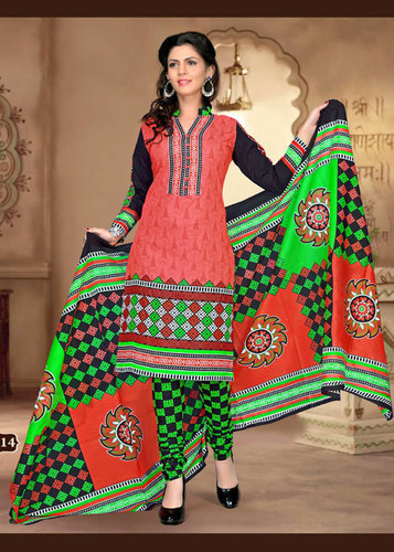 Peach Printed Cotton Semi-stitched Suit With Dupatta