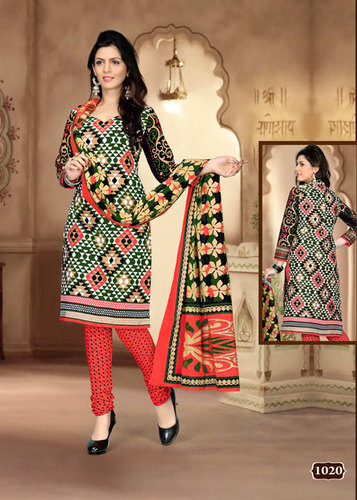 Multi-color Printed Cotton Semi-stitched Suit With Dupatta