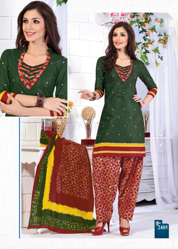 डार्क ग्रीन प्रिंटेड कॉटन सेमी-स्टिच्ड सूट विद दुपट्टा