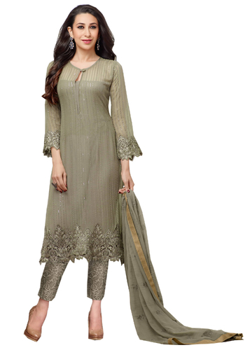 भूरे रंग की कढ़ाई की हुई फॉक्स जॉर्जेट सेमी-स्टिच्ड सूट जिसमें दुपट्टा है