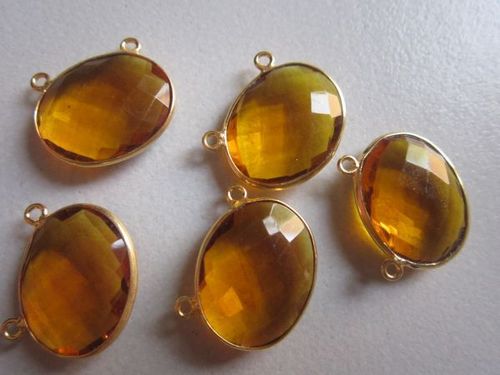 Citrine Natural Quartz Oval Connectors - 18K Gold Plated 15x19mm, 5 Piece Set with Orange Agate Gemstones