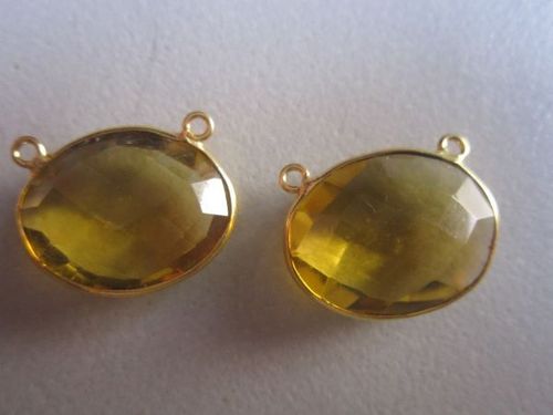 Natural Light Citrine Quartz Oval Connectors - 15x19mm, 18K Gold Plated, 2 Loop Design, Set of 2 Pieces