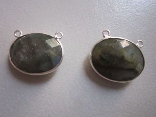 Natural Labradorite Oval Connectors - 15x19mm, 2 Loop Sterling Silver Plated, 2 Pieces, Grey Natural Stone