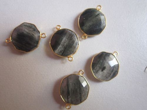 Rutile Connectors - Natural Rutile Quartz 2 Loop, 18K Gold Plated, 5 Pieces, 17-18MM, Round Brilliant Cut, Grey Stone Color