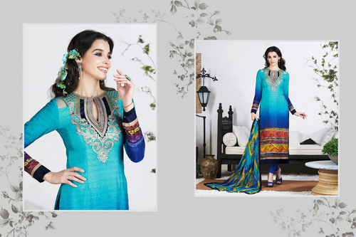 Blue & Multi Color Crape Suit