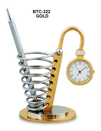 Table Clock with Pen Stand - Metal, 100 x 62 x 110mm, Gold Color, Analog Display, Glossy Metallic Finish, Lightweight Design, Table Mount