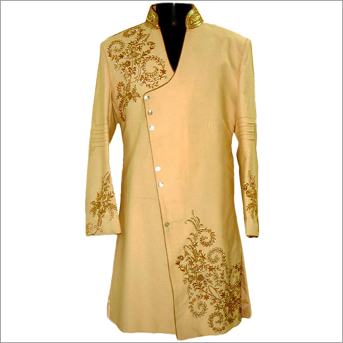 Sherwani - Silk, Customized Size, Light Yellow | Embroidered, Long Sleeve, Anti-wrinkle, Breathable, Water Resistant, Elegant Design, Luxurious Look