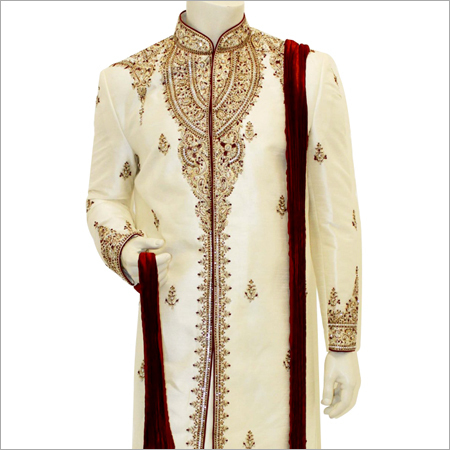 Sherwani - Silk, Customized Size, Light Yellow | Embroidered, Long Sleeve, Anti-wrinkle, Breathable, Water Resistant, Elegant Design, Luxurious Look