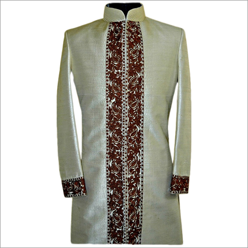Sherwani - Silk, Customized Size, Light Yellow | Embroidered, Long Sleeve, Anti-wrinkle, Breathable, Water Resistant, Elegant Design, Luxurious Look