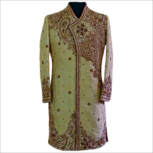 Sherwani - Silk, Customized Size, Light Yellow | Embroidered, Long Sleeve, Anti-wrinkle, Breathable, Water Resistant, Elegant Design, Luxurious Look
