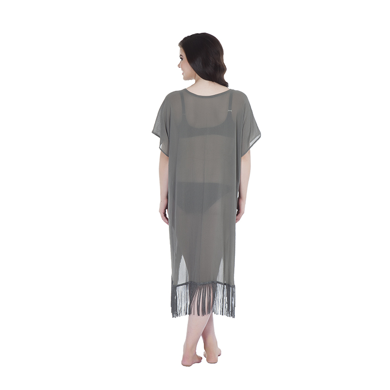 Kaftan Style 2 Asymetric With Kikoy Detail Pockets In Chiffon Grey With Tassels(front)