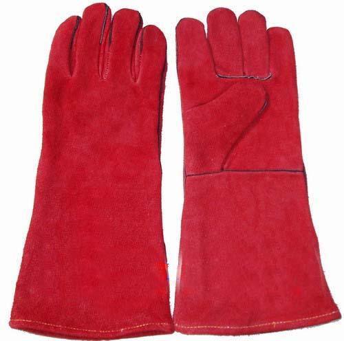 Heat Resistant Leather Gloves - Heavy Chrome Leather, Sizes 14-22, Red | Full Finger Style, Inner Lining of Heat Resistant Woollen