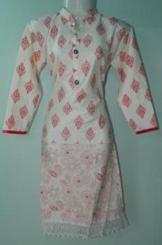 Rayon Kurti with cream abse Red design Lace and Sleeves