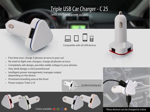 Triple USB Car Charger - High-Speed Charging, Compact Design for Fast Device Power-Up