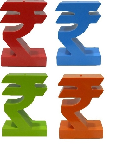 रुपया मनी बैंक - प्लास्टिक मीडियम, ग्लॉसी फिनिश, बहुरंगी | कस्टमाइज करने योग्य रुपया-आकार का गिफ्ट बैंक