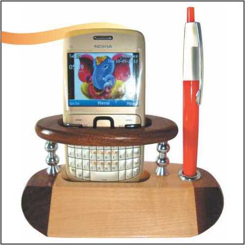 Wooden Mobile Stand - Wood, Compact Size for Desk, Wooden Brown Color, Polished Finish, Engravable for Logos, Mobile Stand with Pen Holder