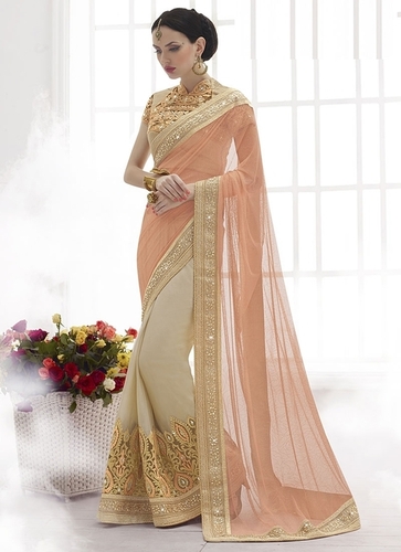 Tenuous Light Rust Chiffon On Due Drop Net Saree