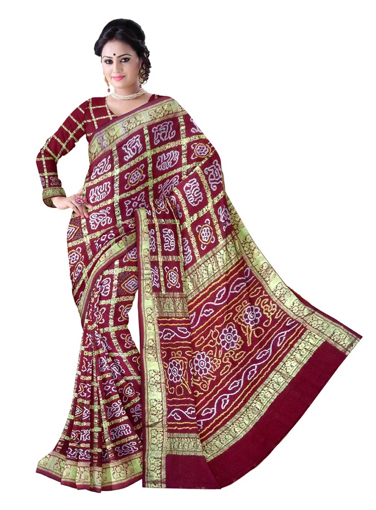 Brown And Green Bandhani Gharchola Sarees