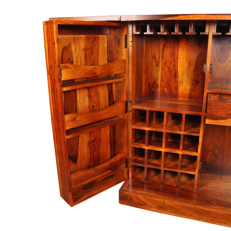 Wooden Storage Cabinet - Shesham Wood Construction, Wrought Iron Accents | Elegant Design With Smooth Edges For Stylish Beverage Display