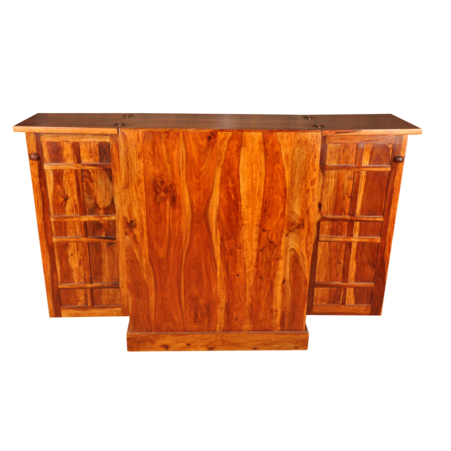 Wooden Storage Cabinet - Shesham Wood Construction, Wrought Iron Accents | Elegant Design With Smooth Edges For Stylish Beverage Display