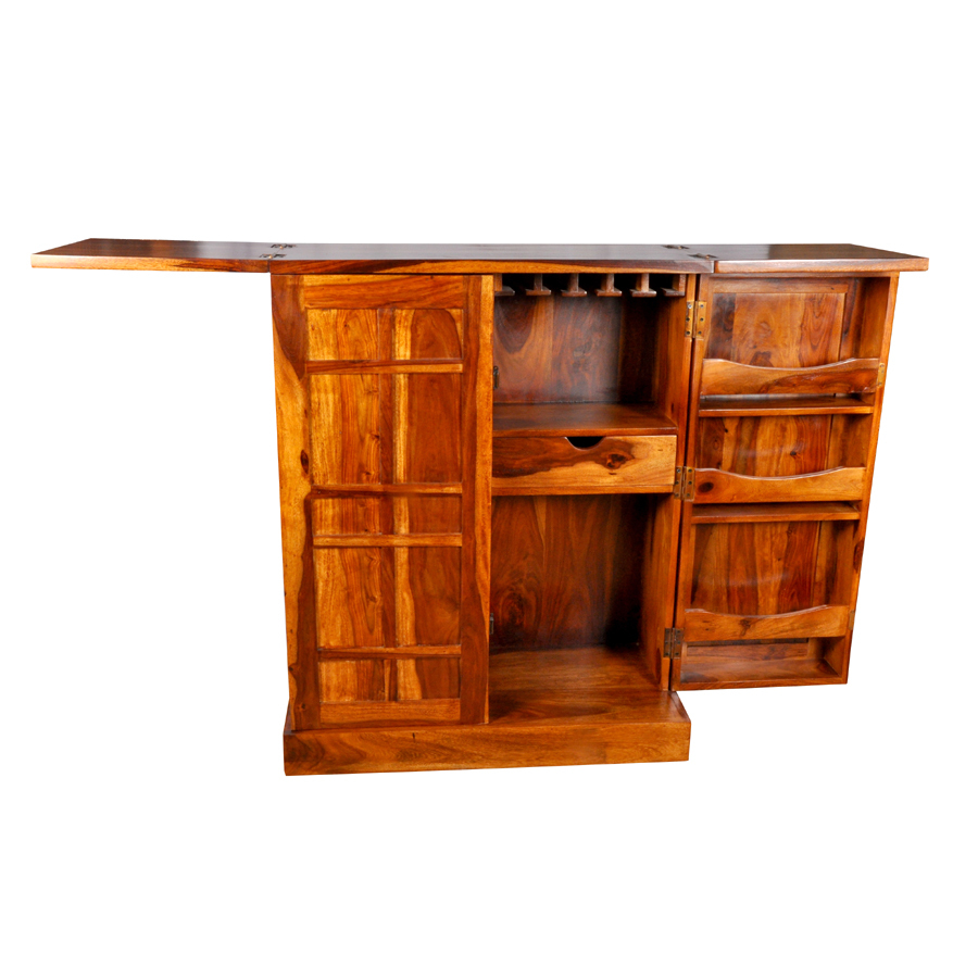 Wooden Storage Cabinet - Shesham Wood Construction, Wrought Iron Accents | Elegant Design With Smooth Edges For Stylish Beverage Display