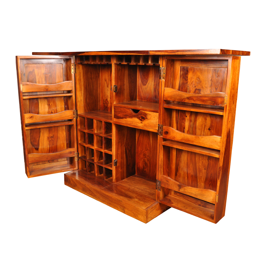 Wooden Storage Cabinet - Shesham Wood Construction, Wrought Iron Accents | Elegant Design With Smooth Edges For Stylish Beverage Display