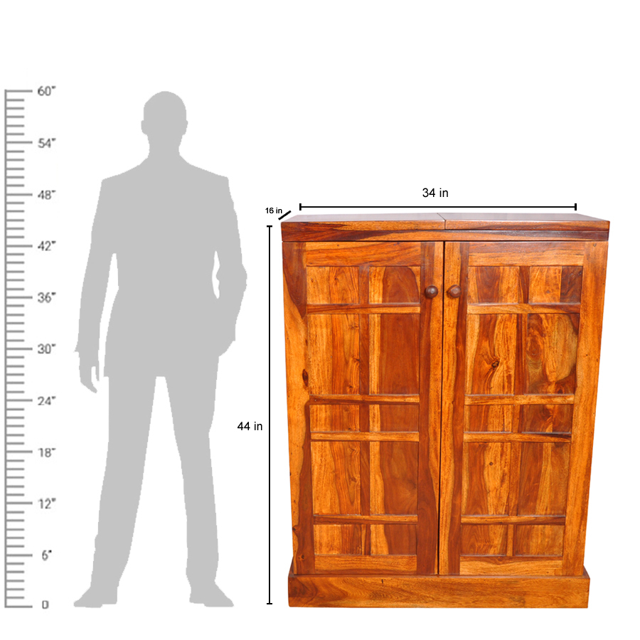 Wooden Storage Cabinet - Shesham Wood Construction, Wrought Iron Accents | Elegant Design With Smooth Edges For Stylish Beverage Display