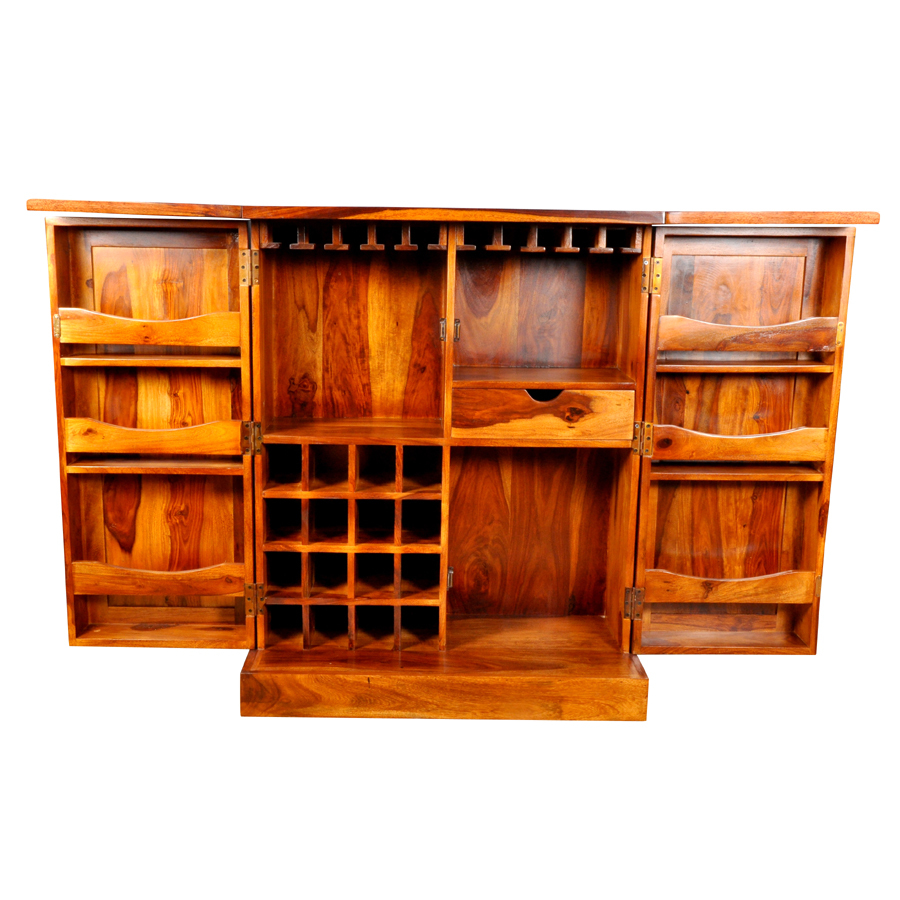 Wooden Storage Cabinet - Shesham Wood Construction, Wrought Iron Accents | Elegant Design With Smooth Edges For Stylish Beverage Display