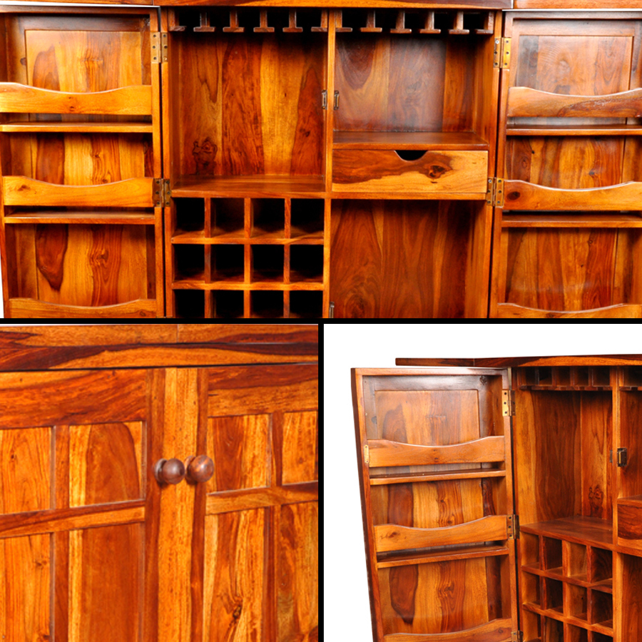 Wooden Storage Cabinet - Shesham Wood Construction, Wrought Iron Accents | Elegant Design With Smooth Edges For Stylish Beverage Display